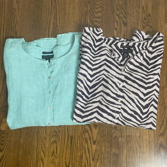 (2) Tahari linen tunic blouses 3X green brown stripe - Picture 1 of 12